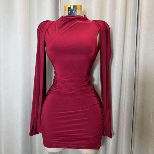 Sleeveless Shoulder Drape Mini Dress-Red/Burgundy