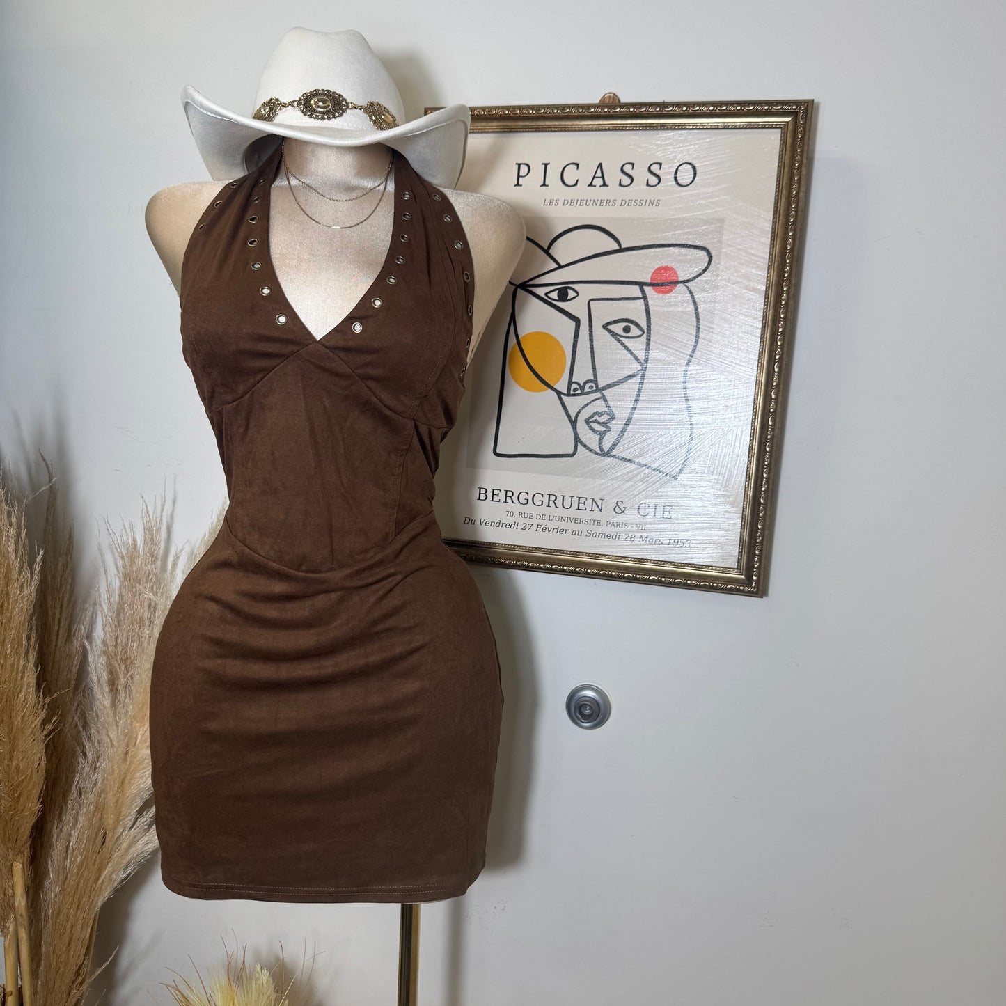 Western Suede Halter Dress-Brown