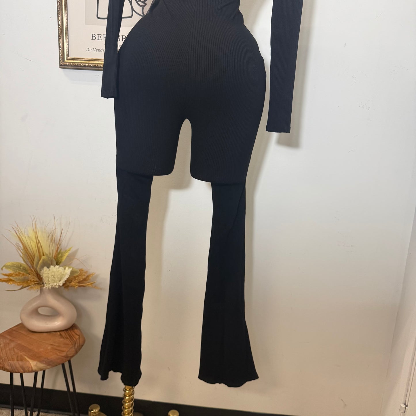 Long Sleeve Snatched Flare Jumpsuit-Black