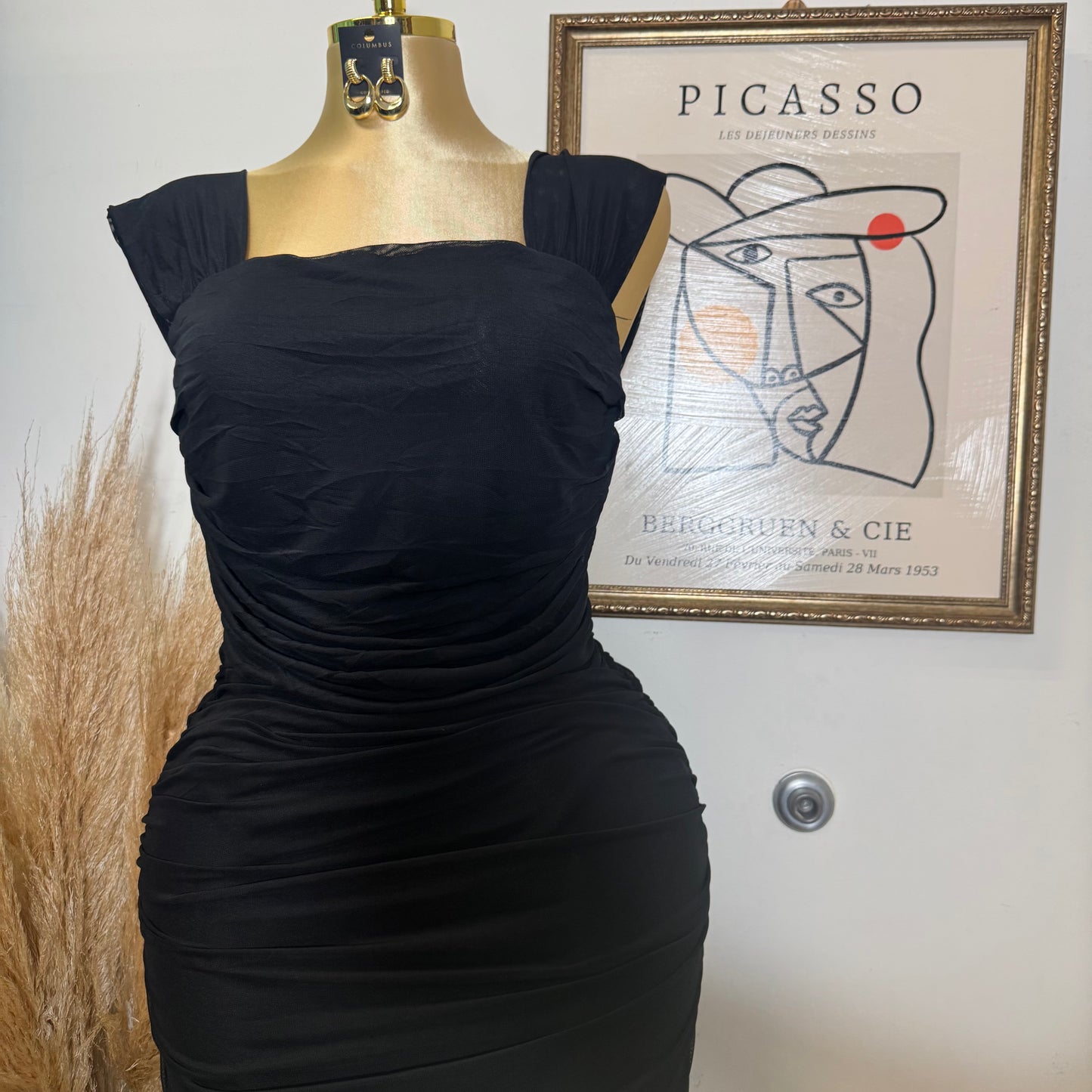 PL Sleeveless Square Neck Ruched Mesh Dress-Black