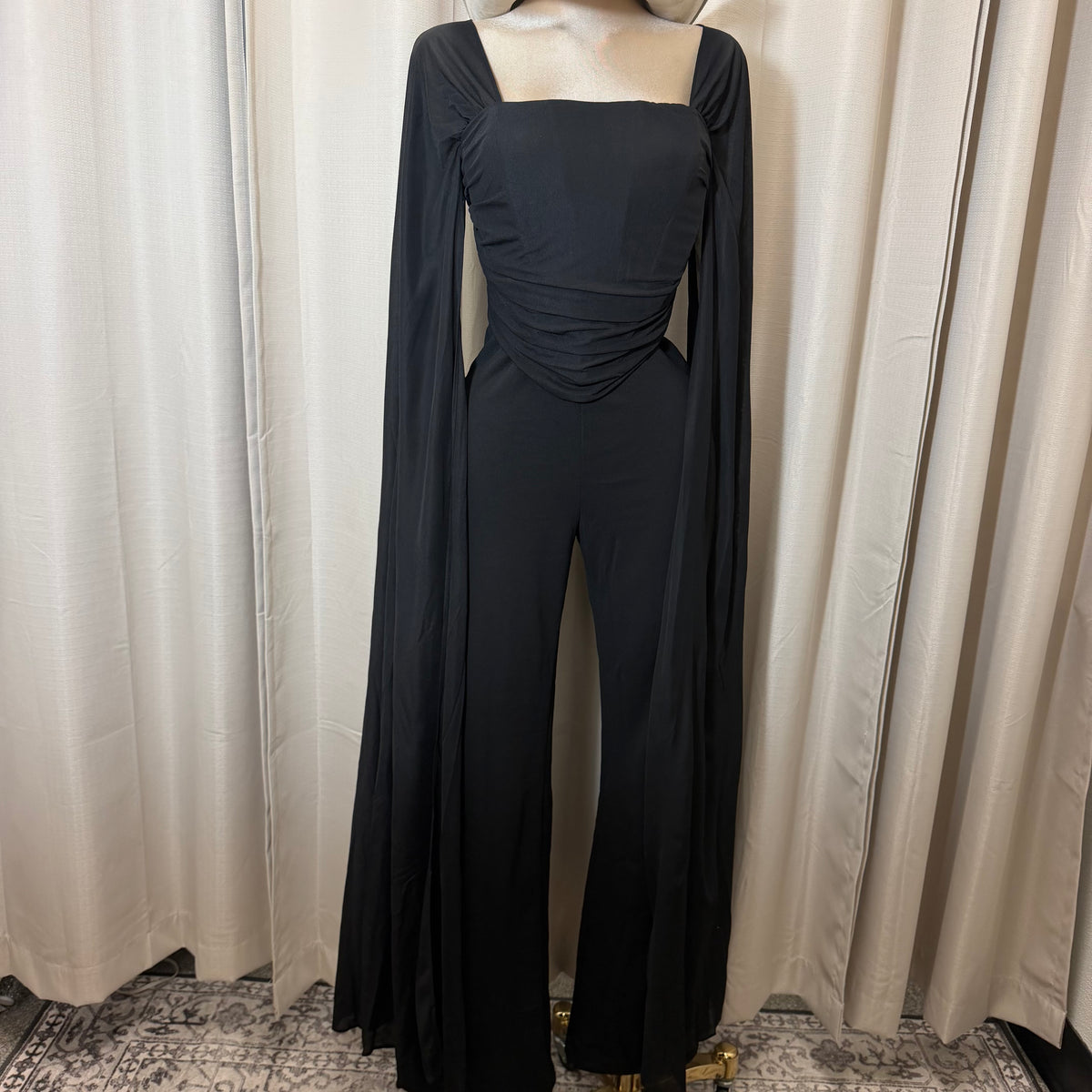 Mesh Cape Sleeve Corset Jumpsuit-Black