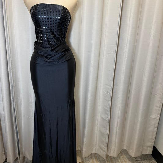 Rectangle Rhinestone satin mermaid maxi Dress-Black