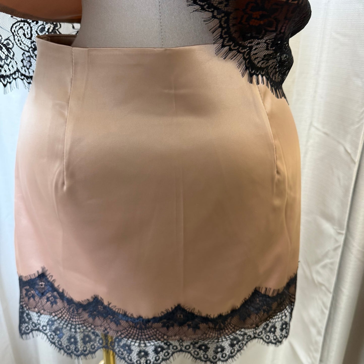 Satin Asymmetrical lace Top skirt Set-brown