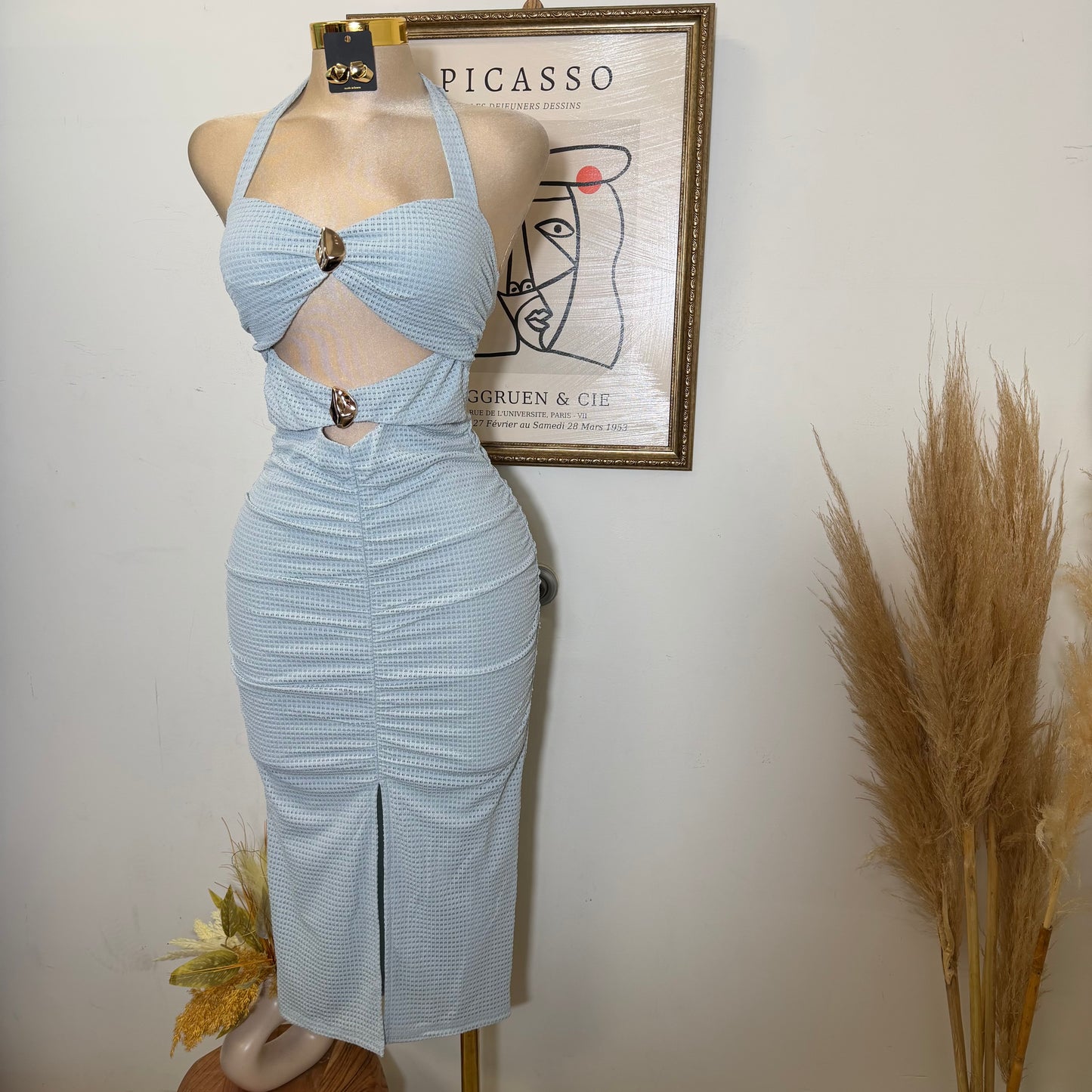 Front metal Trim Shirring with slit Midi Dress-Blue