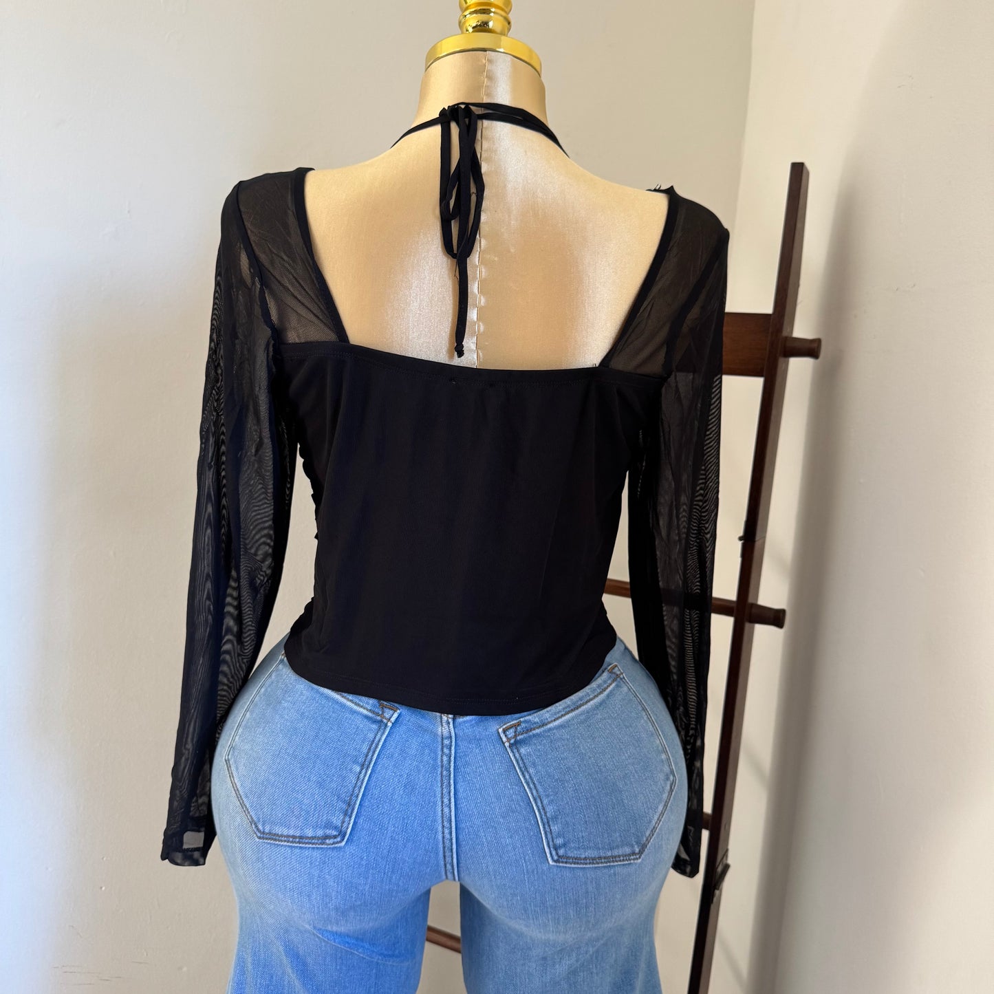 Long Sleeve Corset Top-Black