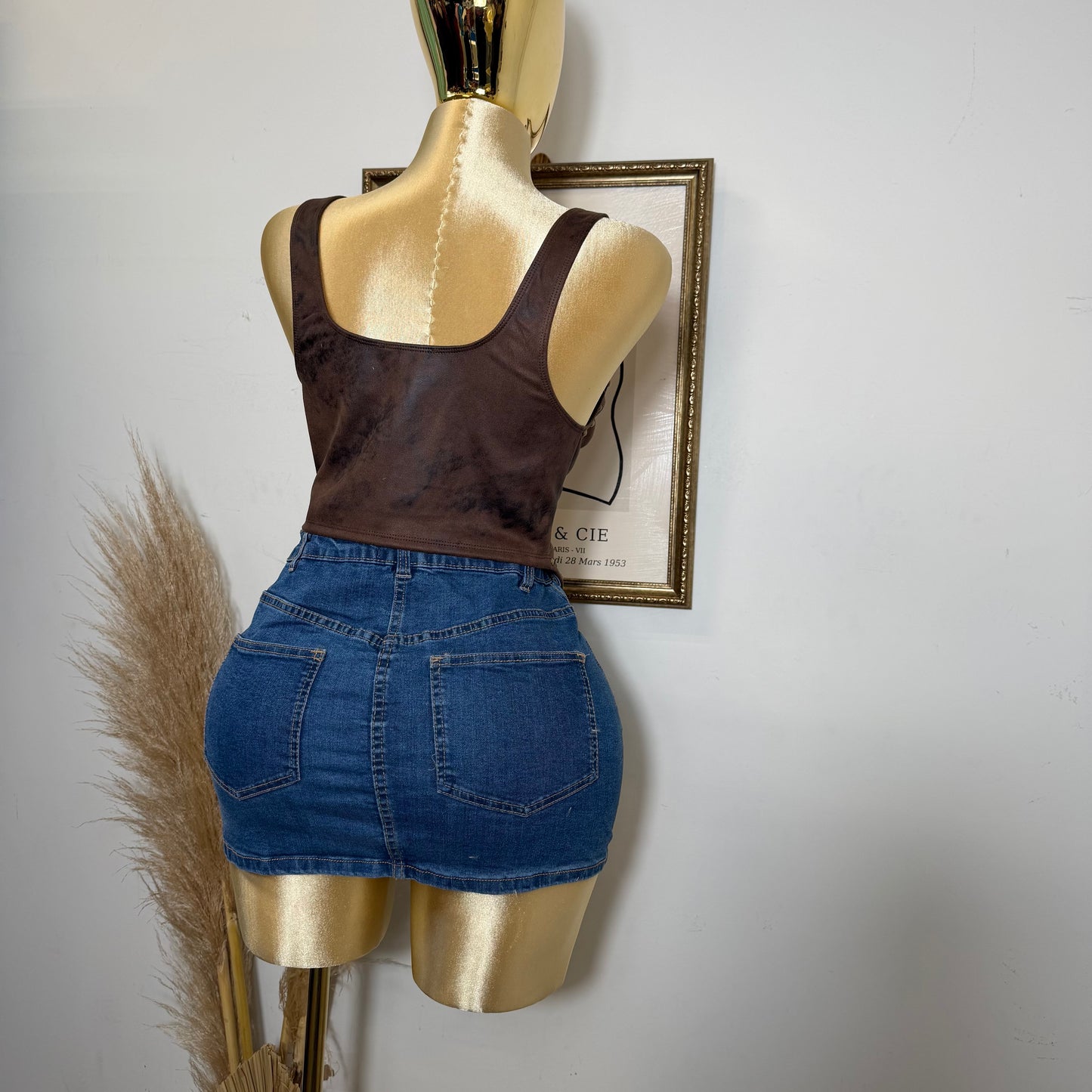 Halter Suede Embroidered Self tie Top-Chocolate