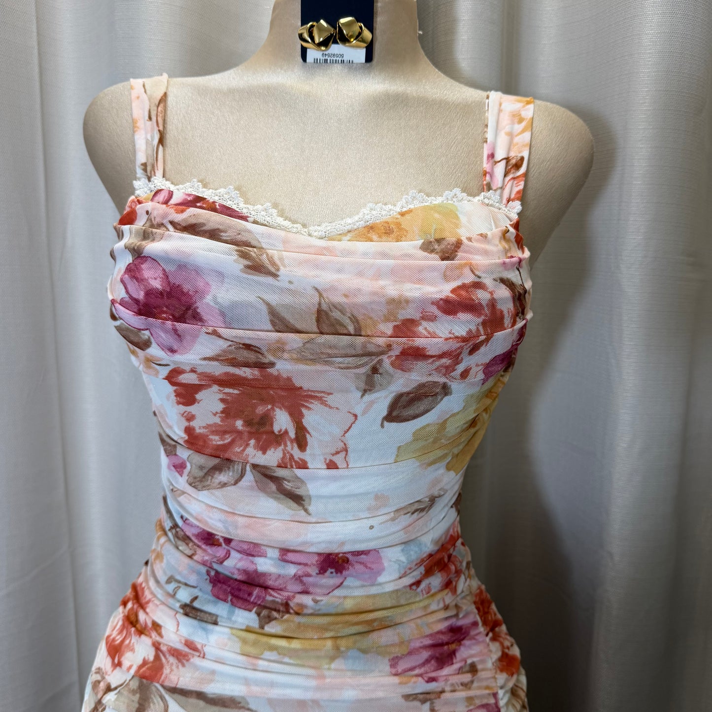 Mesh Flower Print Midi Dress-Pink/Cream/Multi