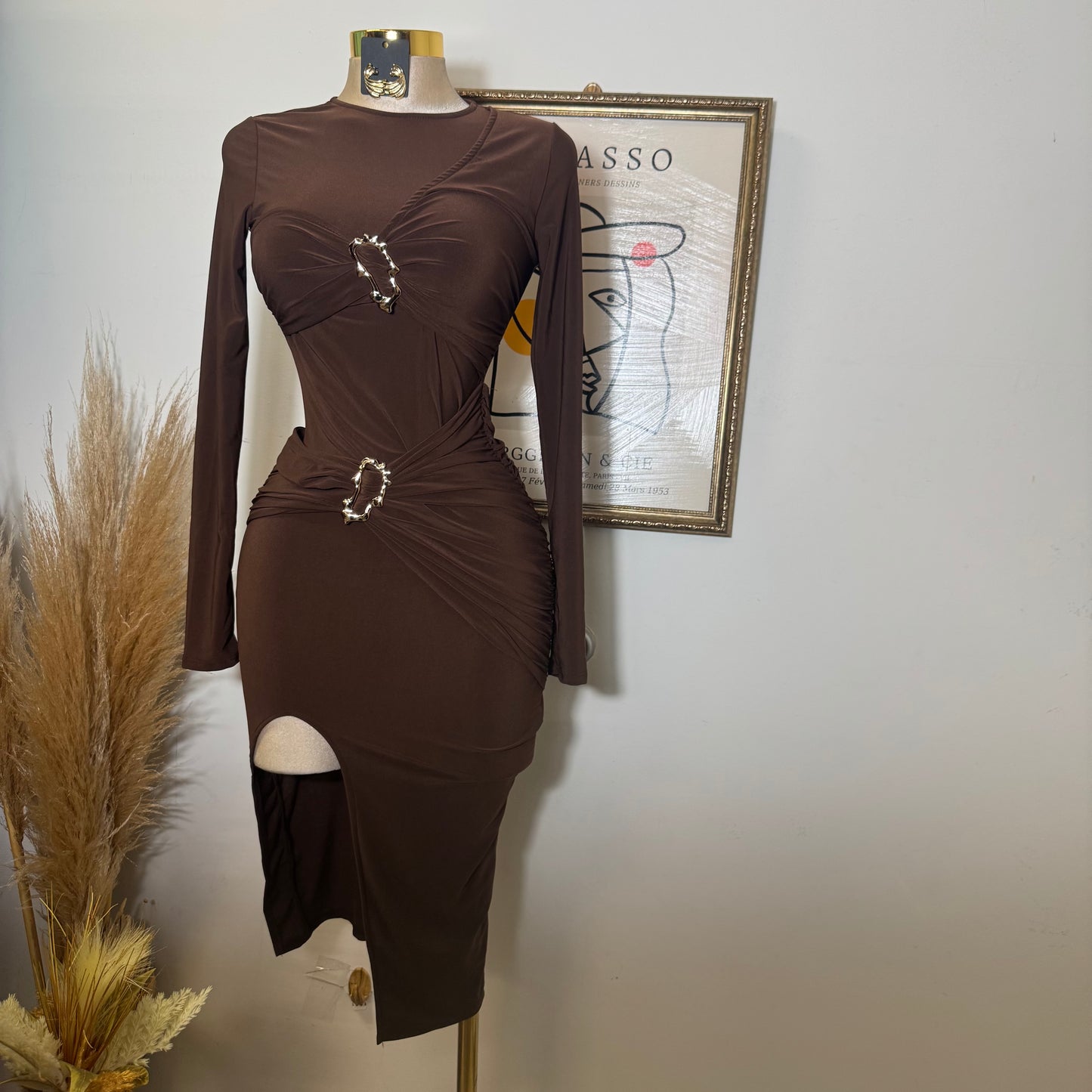 Wrap with Gold Trim Style Midi Dress-Brown