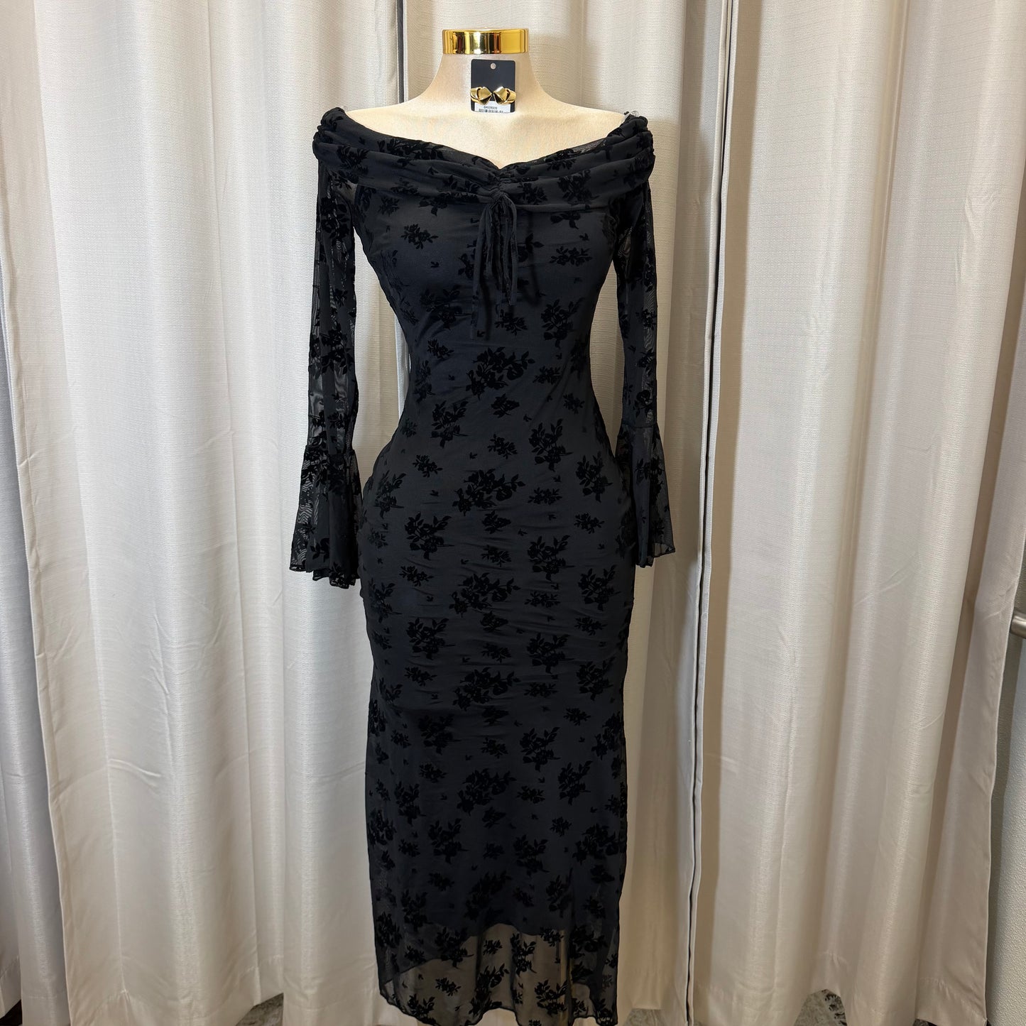 Flocked Long Sleeve Mesh off shoulder maxi Dress-Black/Black