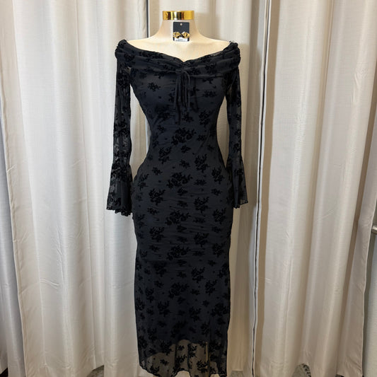 Flocked Long Sleeve Mesh off shoulder maxi Dress-Black/Black