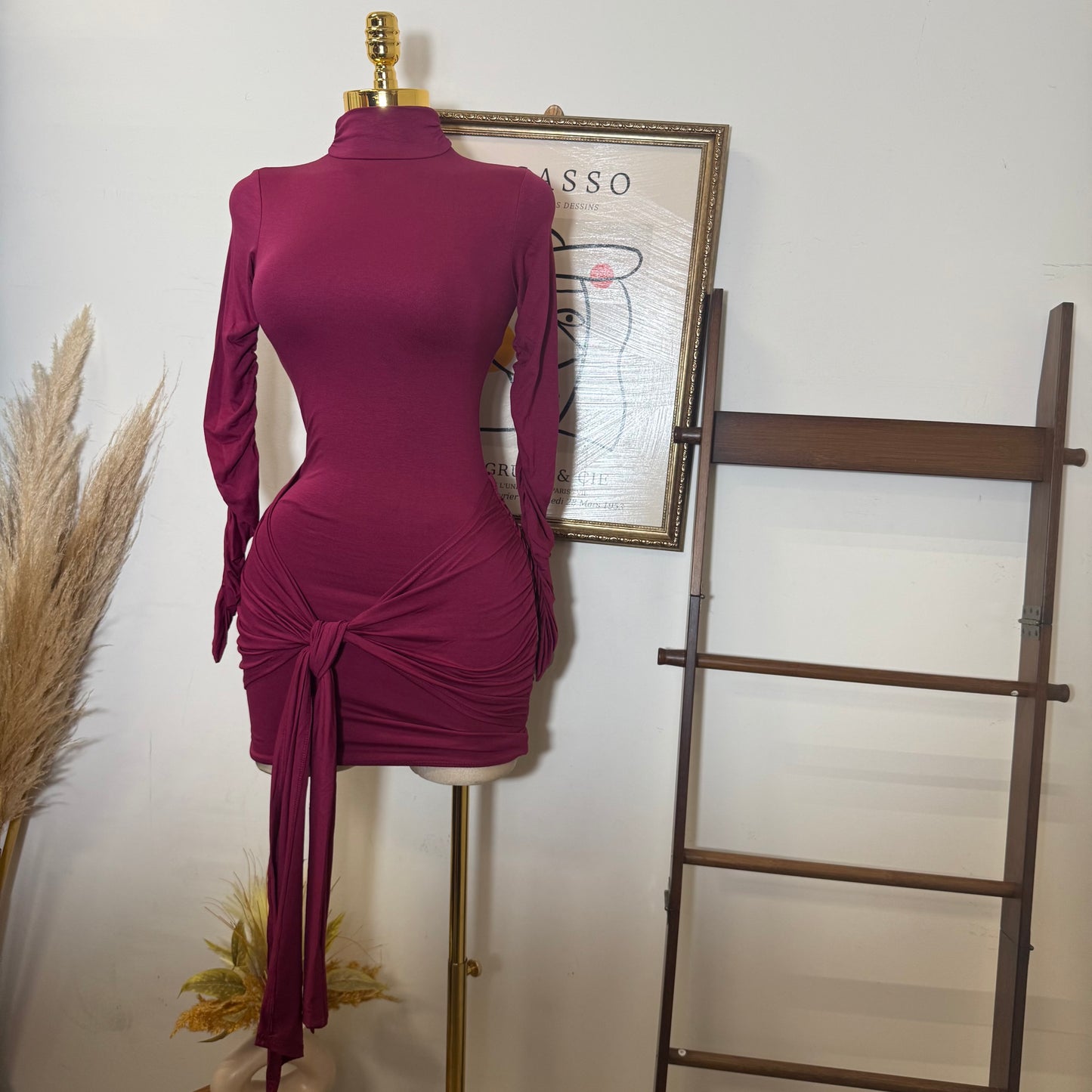 Long Sleeve Front Tie Mini Dress-Burgundy