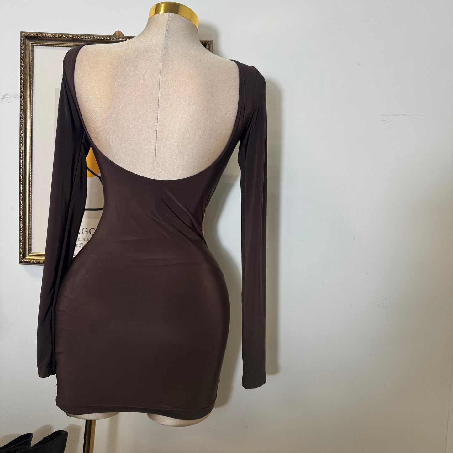 Long sleeve Drape Mini Dress-Brown