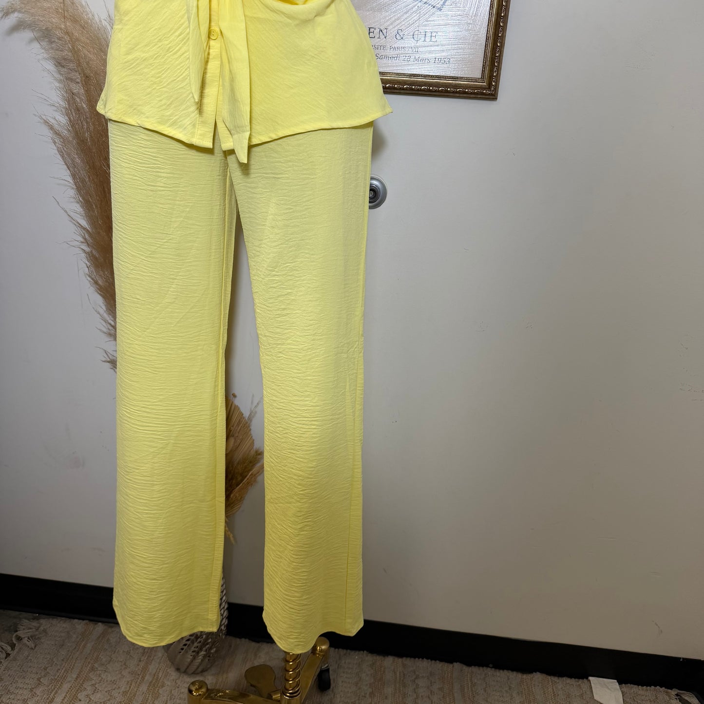 Front Knot Tie Button Down Top and Pants Set-Lt Yellow