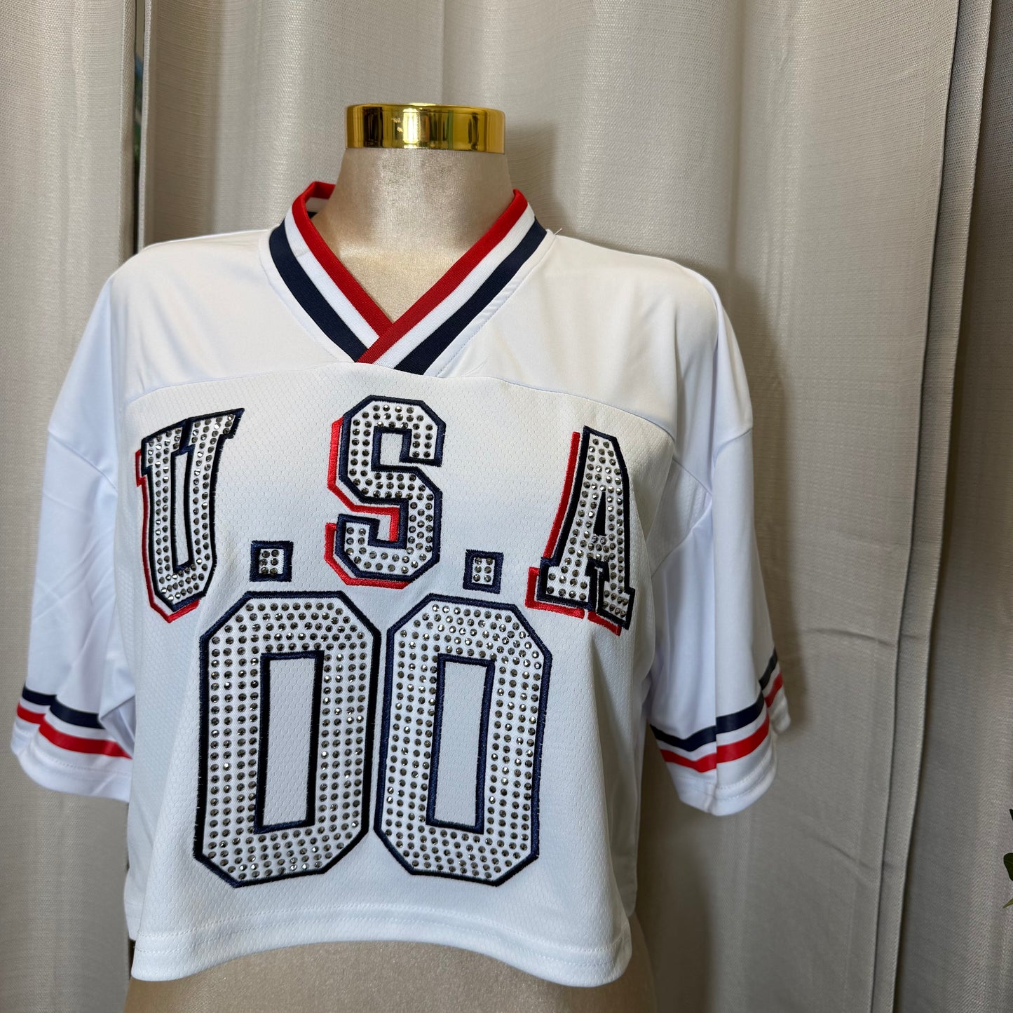 USA Rhinestone Crop Top -White