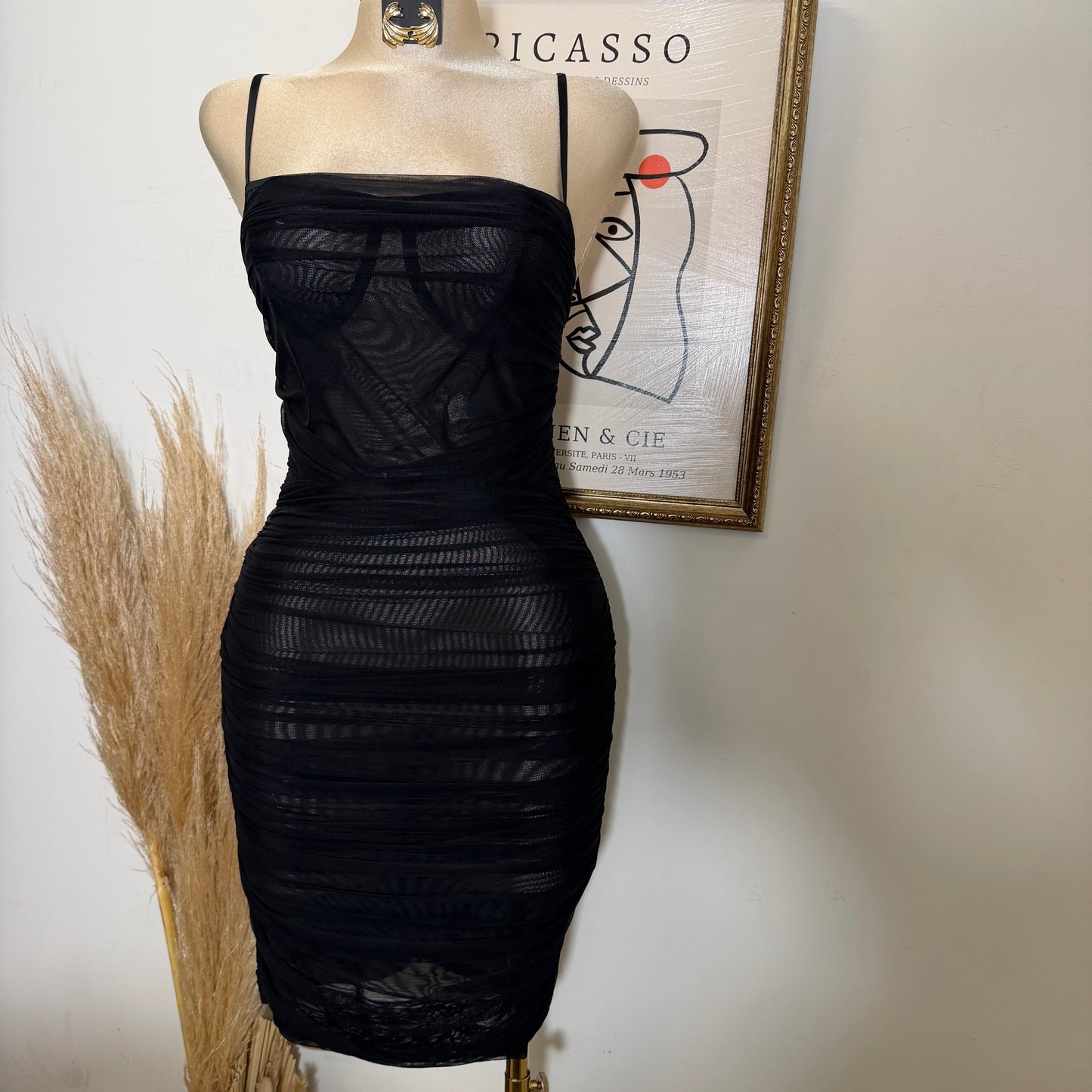 Ruched Mesh Bodycon Midi Dress-Black
