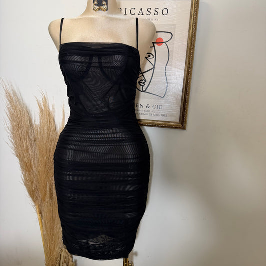 Ruched Mesh Bodycon Midi Dress-Black
