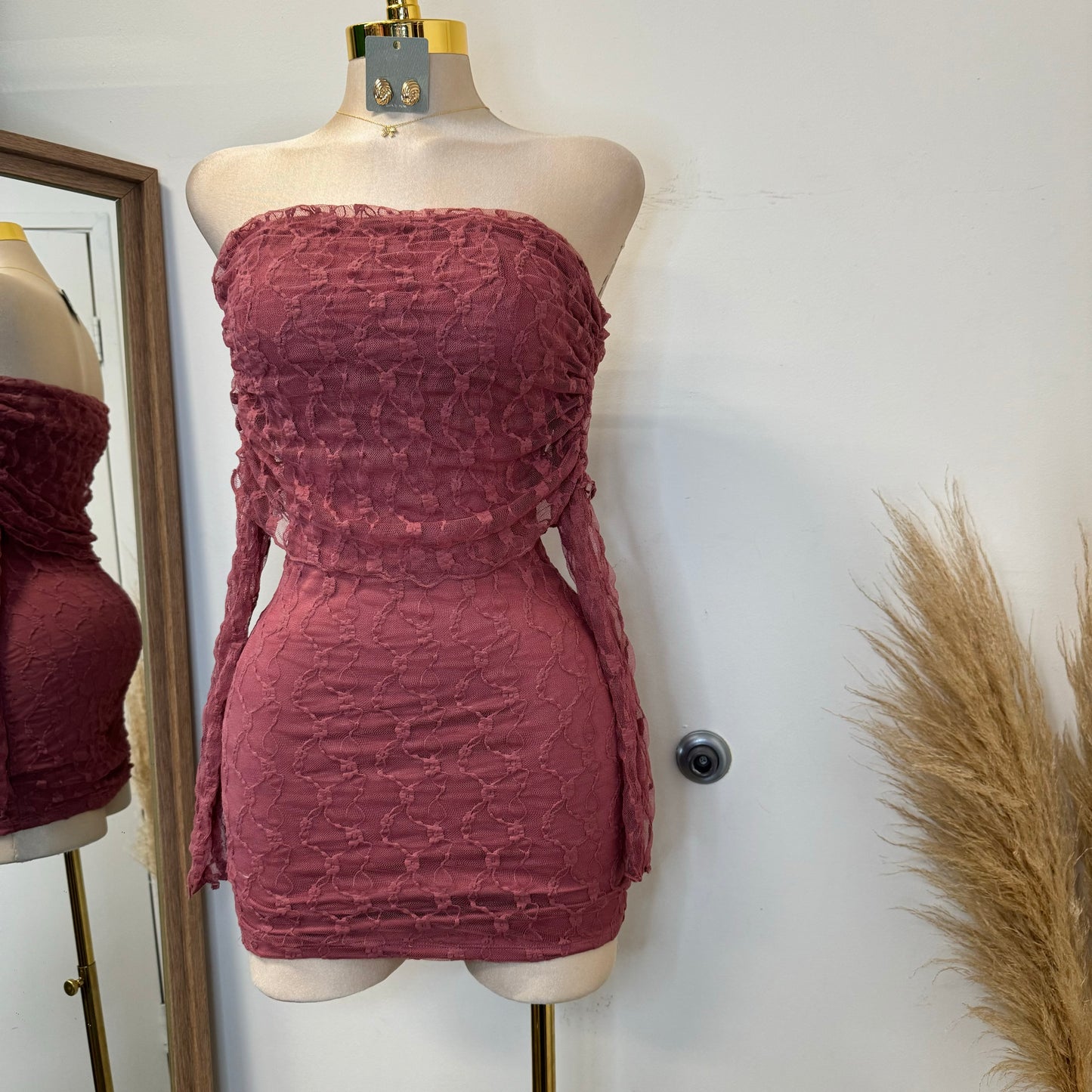 Lace Off shoulder Dress-Pink