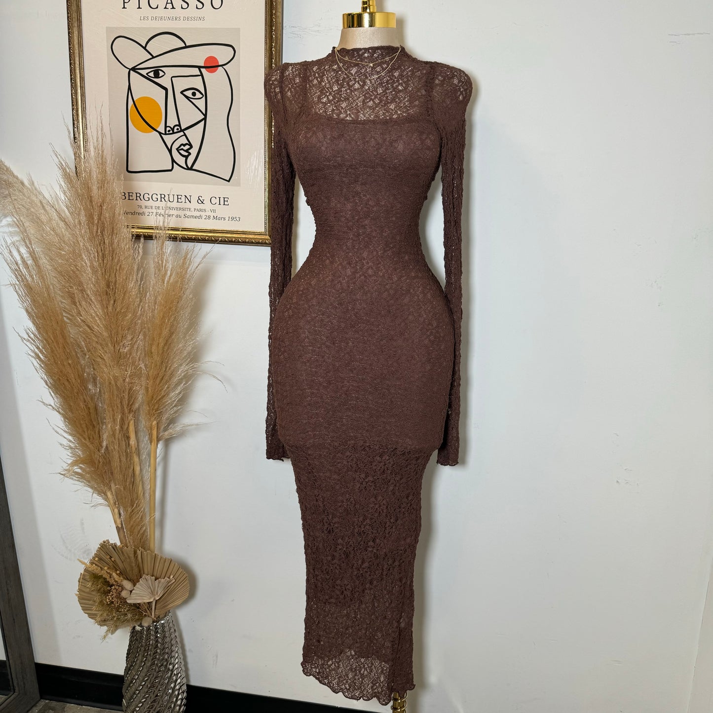 Lace Long Dress-Mocha