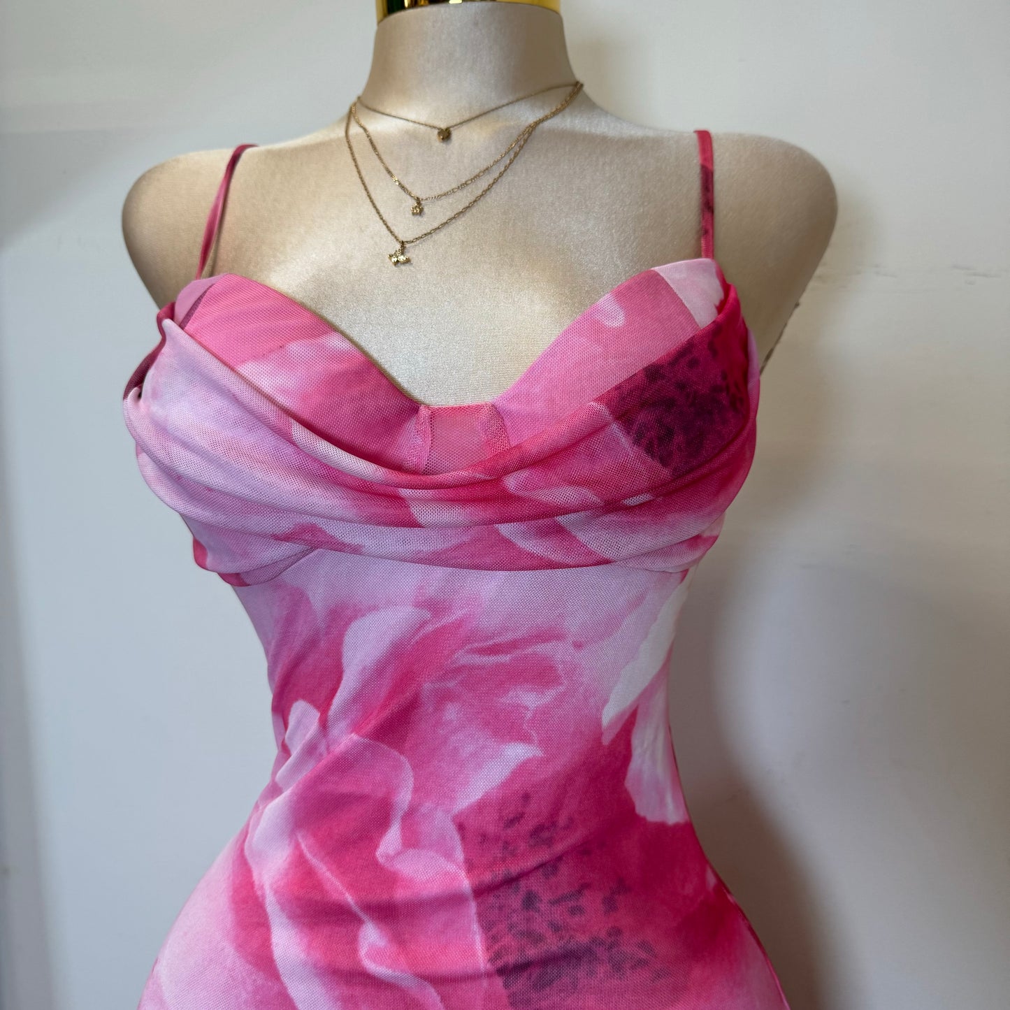 Zabrina Floral Ruffle Slit Mesh Dress-Pink