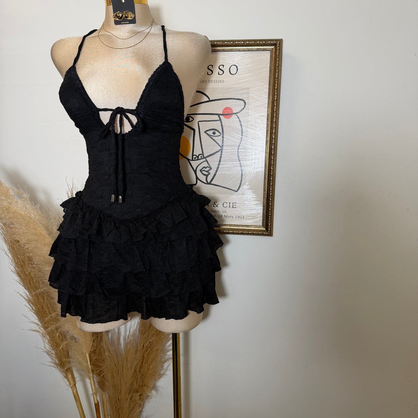Ruffle lace-Up Mini Dress-Black