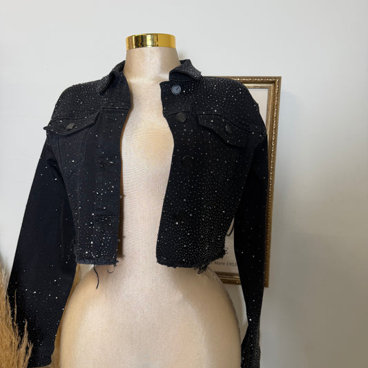 Rhinestone Cropped Jeans Jacket-Black
