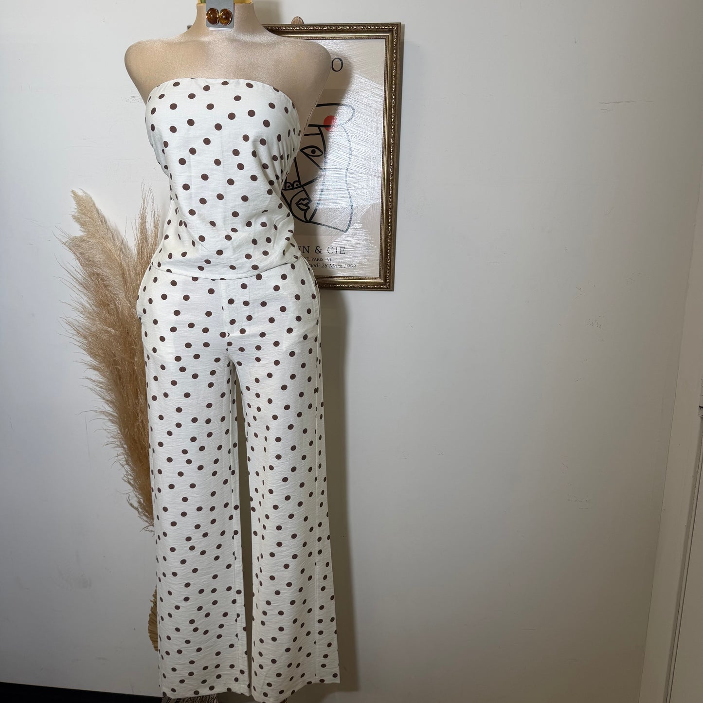 Polka Dot Strapless Wide leg Pant set-Ivory