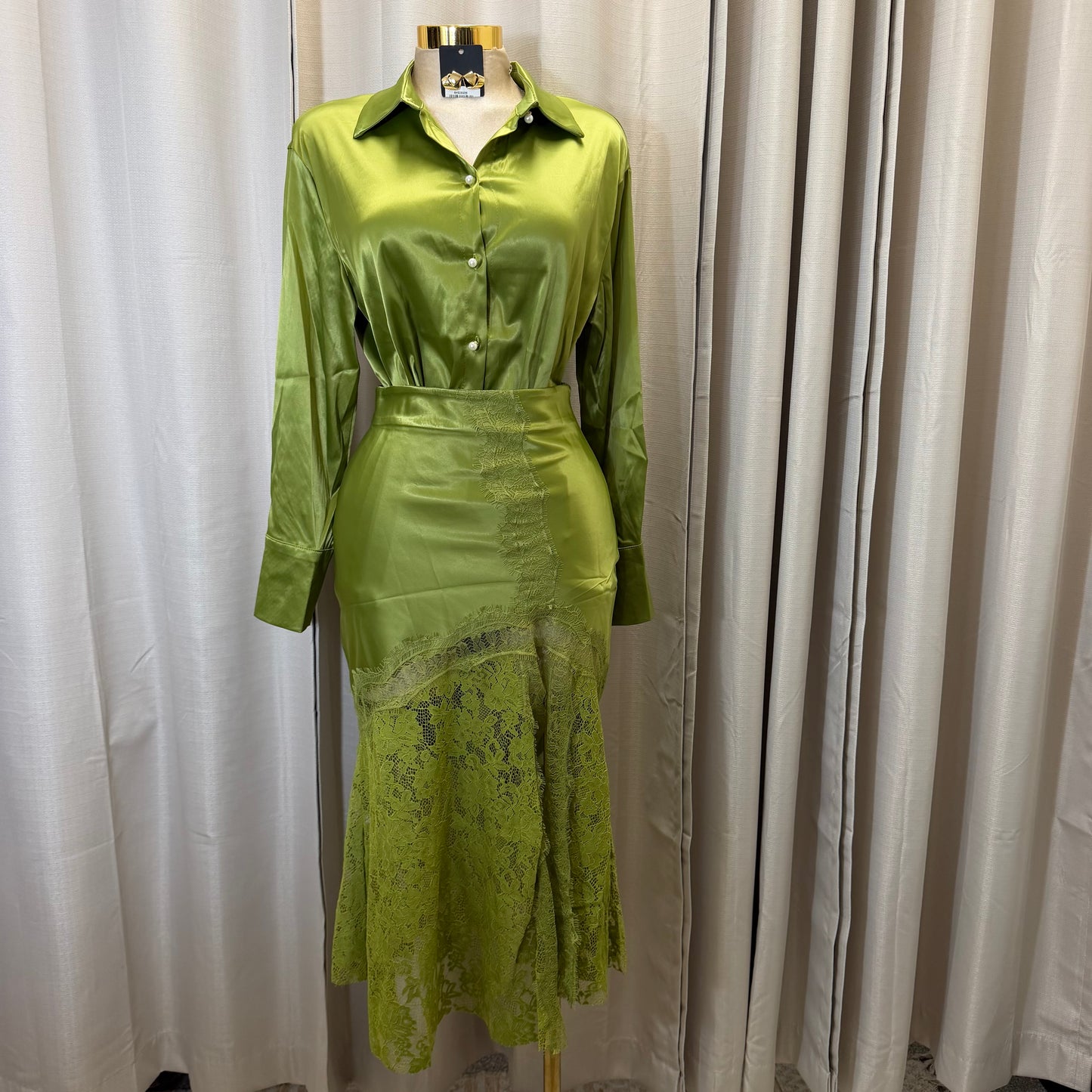 Satin Long Sleeve Top with Lace Skirt-Sage Green/Olive
