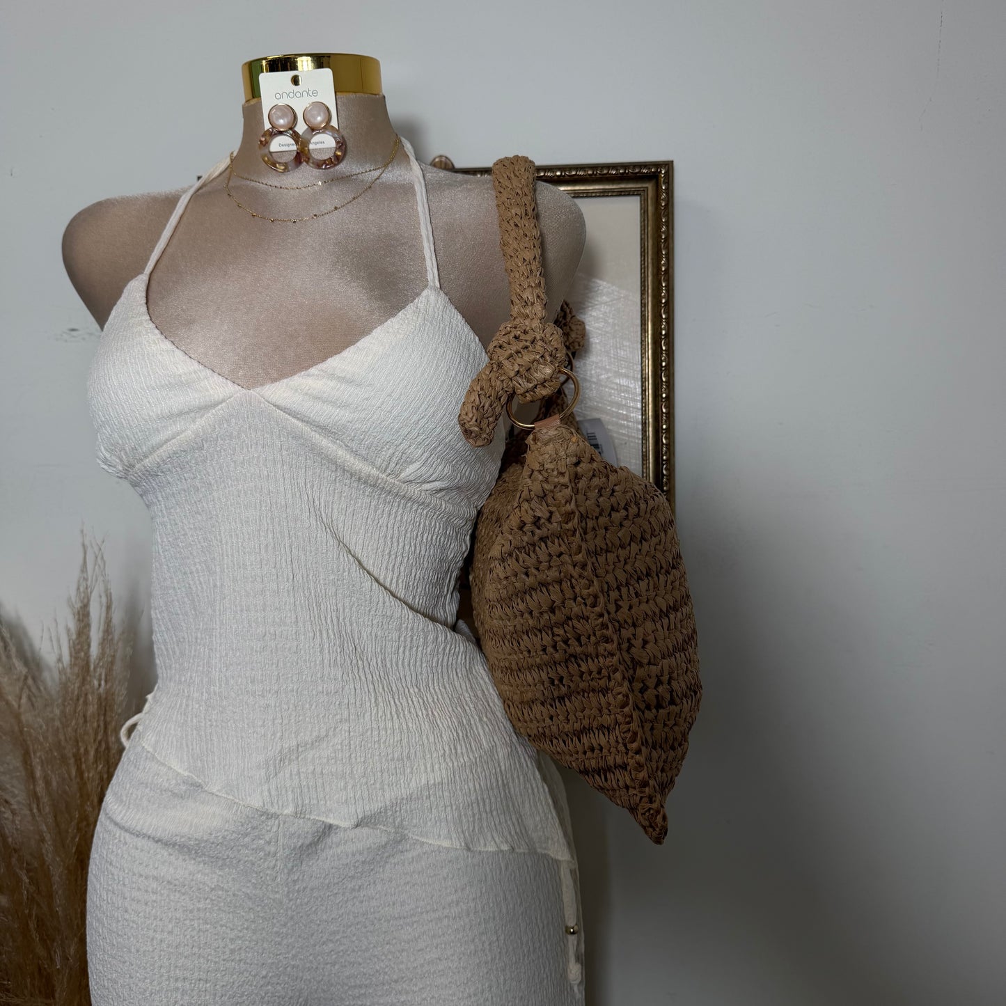 Asymmetrical hem Halter Top Wide leg Set-Ivory