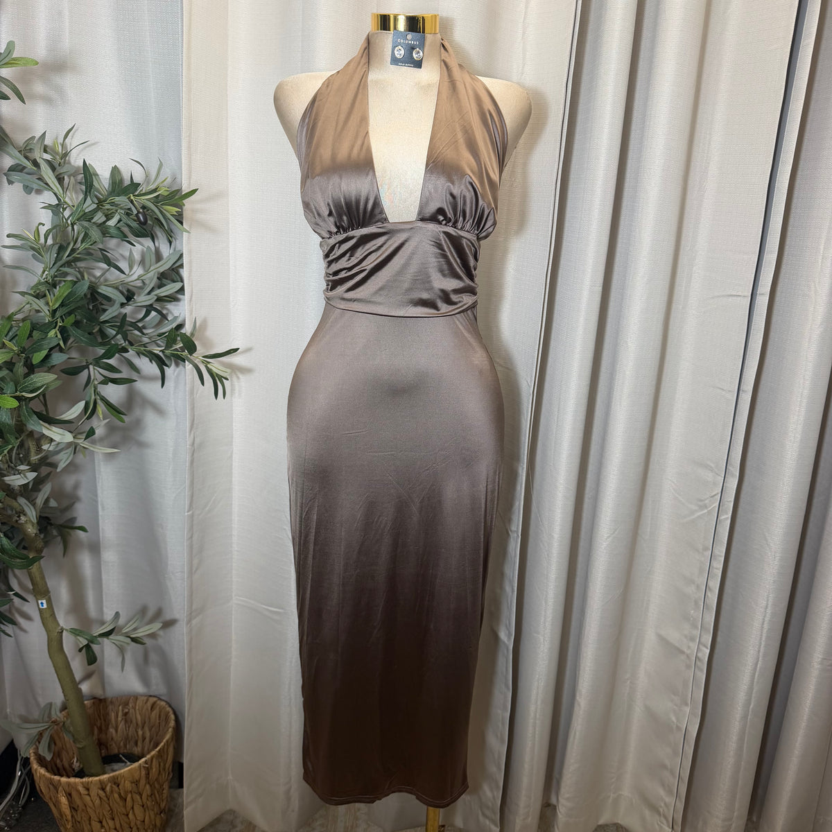 STRETCH SATIN KNIT OPEN BACK MIDI DRESS-Cocoa/Beige