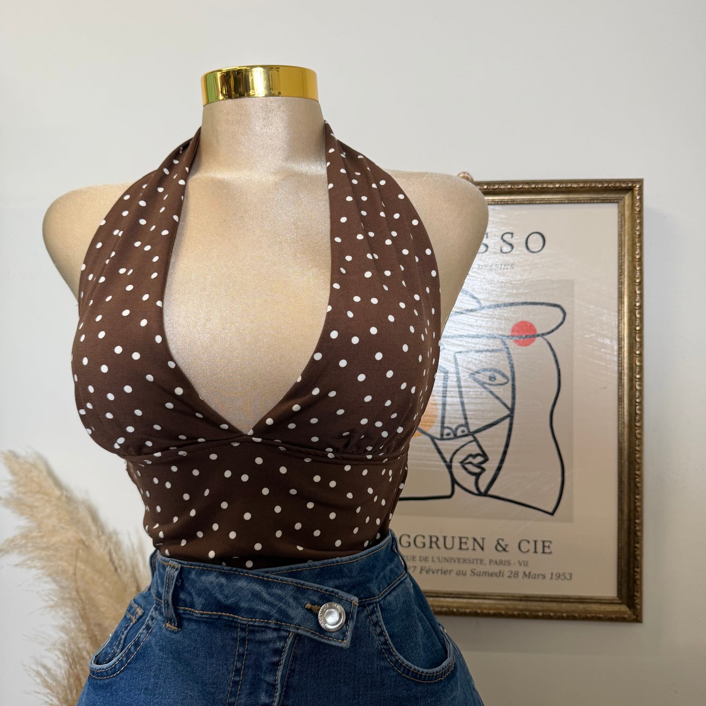 Polka Dot Halter Neck Top-Brown