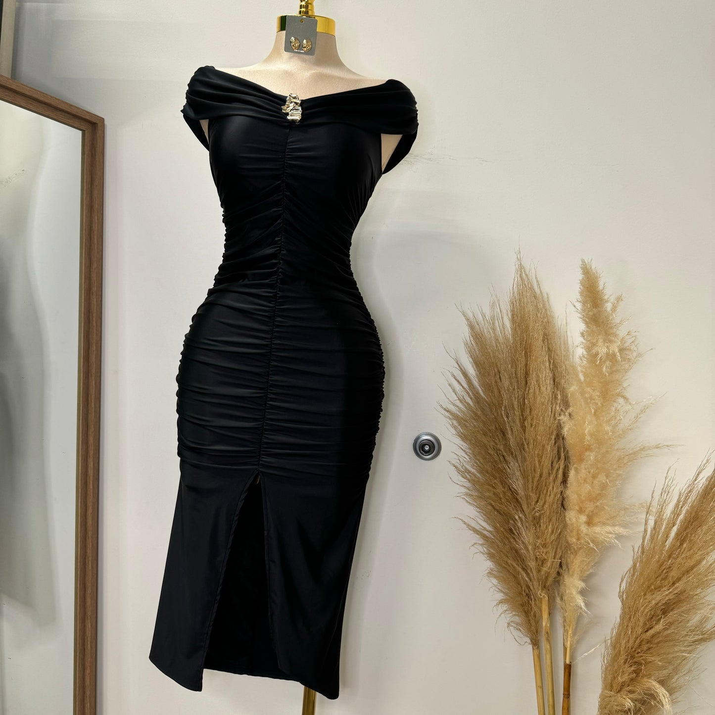 Lúxel Satin Off Shoulder MIDI Dress-Black