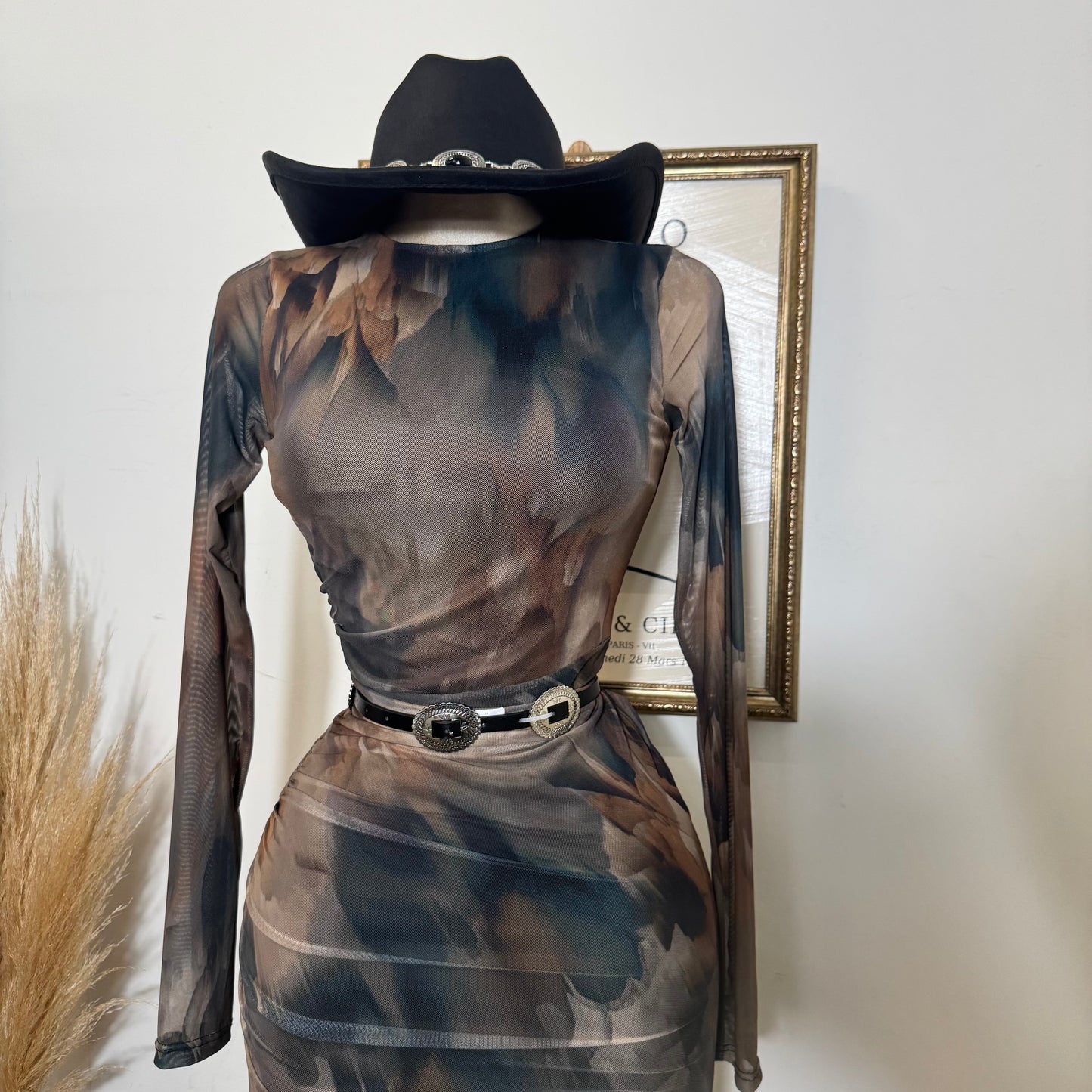 Multi Colored Mesh Maxi Dress-Brown Combo