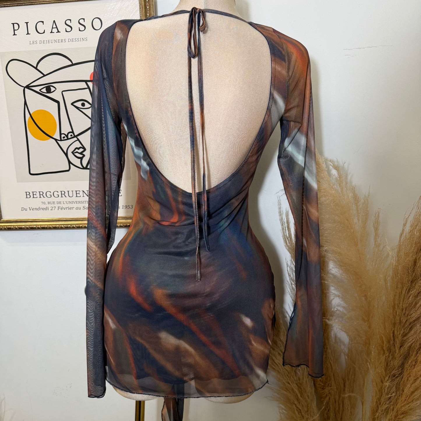 Wrap Long Sleeve Mesh Dress -Rust