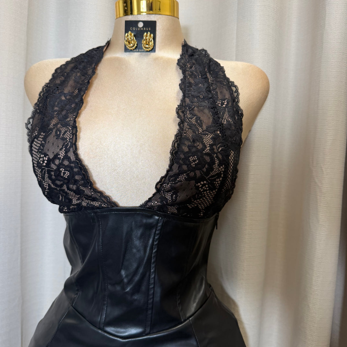 Leather Lace Halter Bodycon Mini Dress-Black