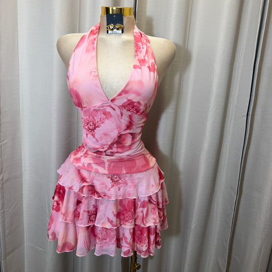 Halter Flare Dress-Pink
