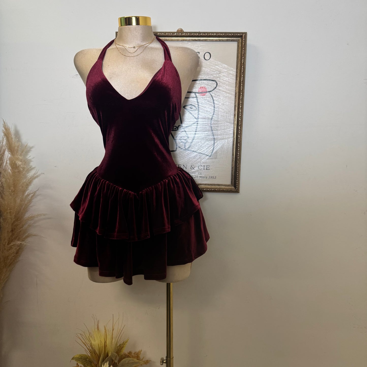 Velvet Halter Double Layer Fit and Flare Dress-Burgundy