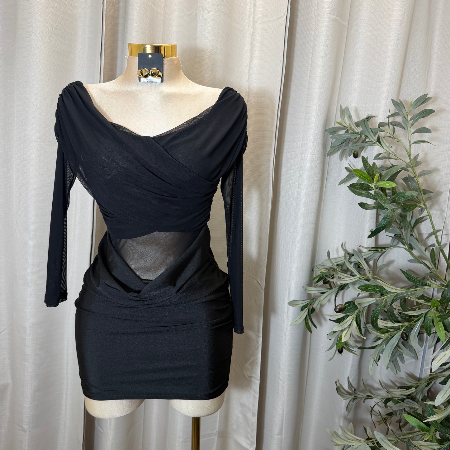 Long sleeve Mesh Dress-black