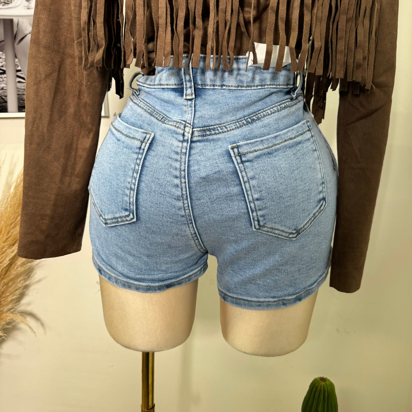 High Waisted Button Shorts-LT blue