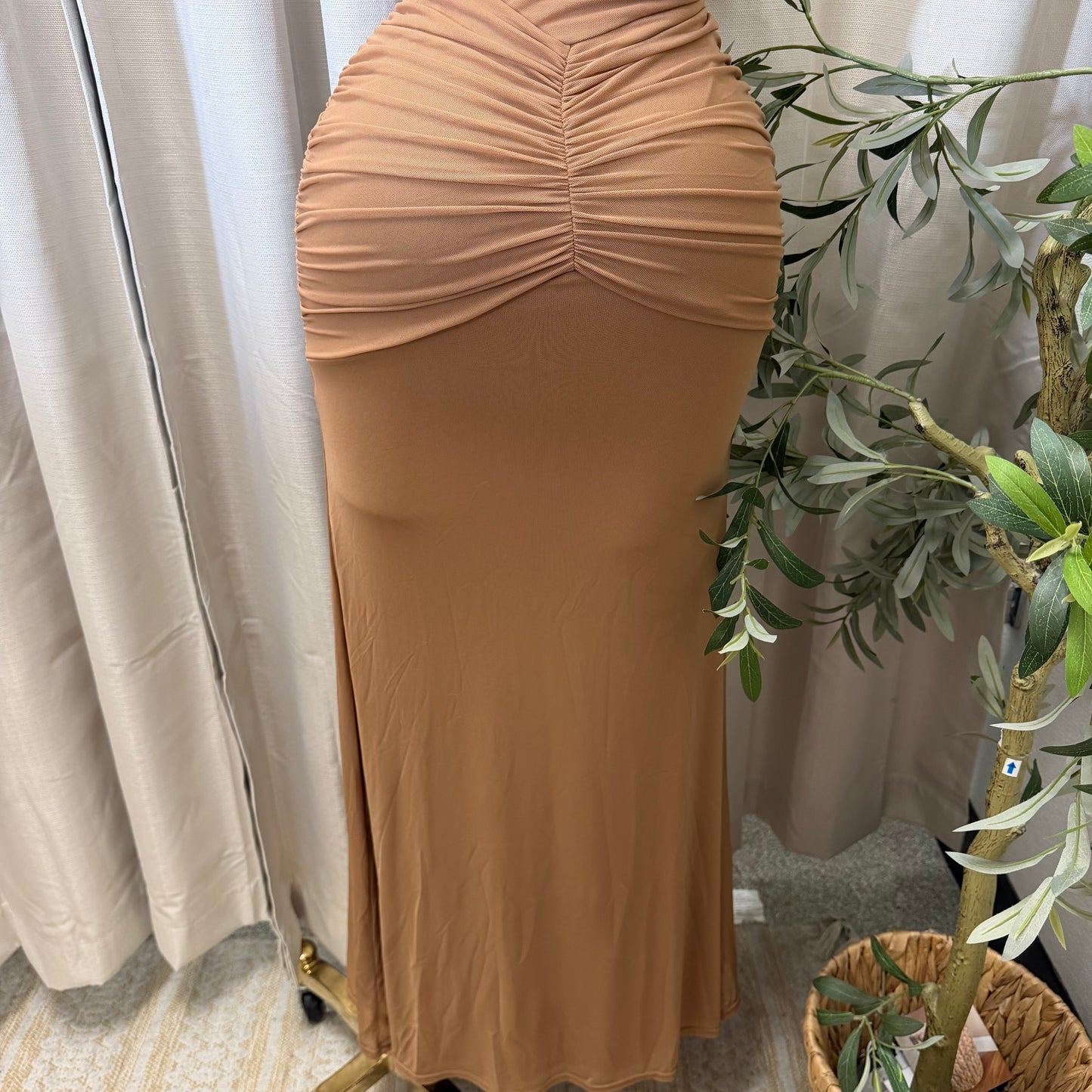 HALTER TWIST FRONT DRAPED MAXI DRESS-Brown