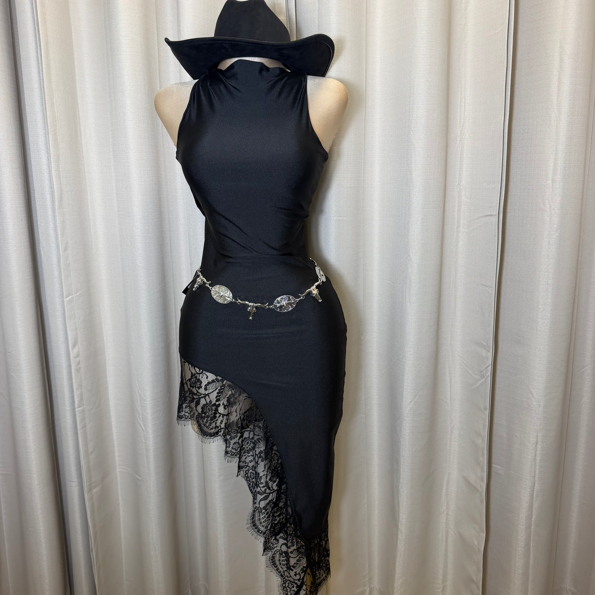 Mock neck Asymmetrical lace Detail Dress-Black