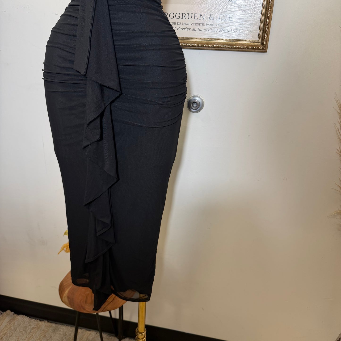 Mesh Midi Dress W/ a Front Sash-Black