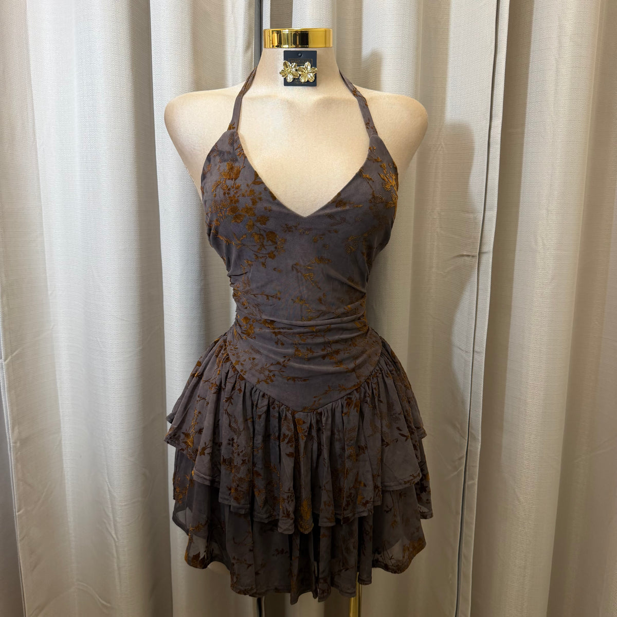 Floral Halter Double Layer Ruffle Mini Dress-Toffee Caramel/Brown