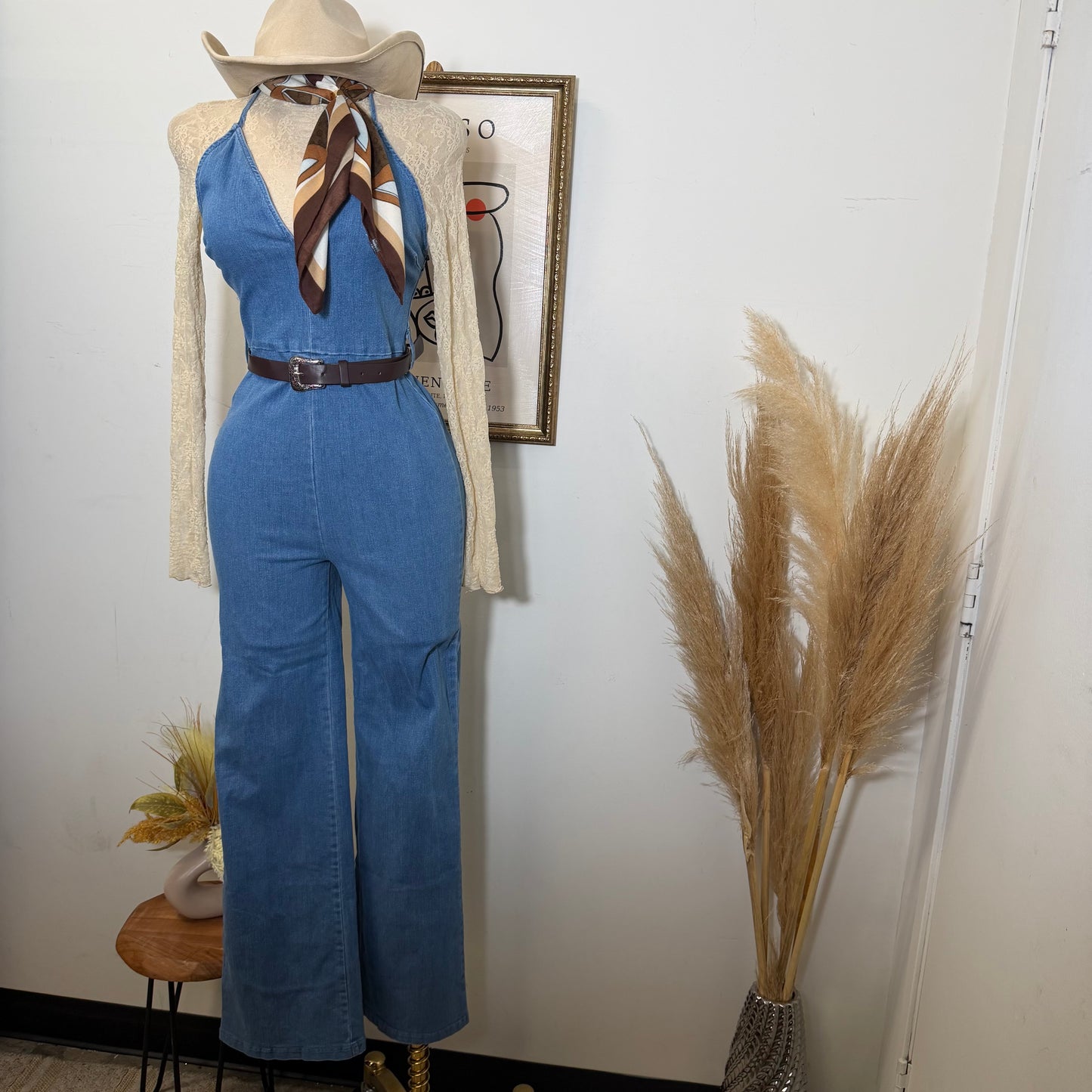 Denim Jumpsuit With Belt-Medium Blue