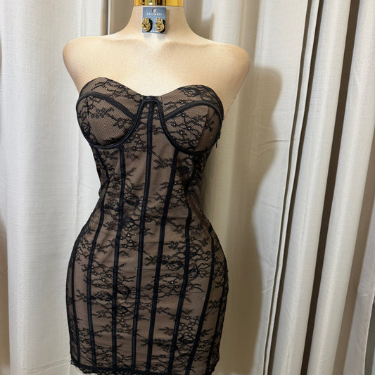 Lace with Strapping Detail Dress-Black