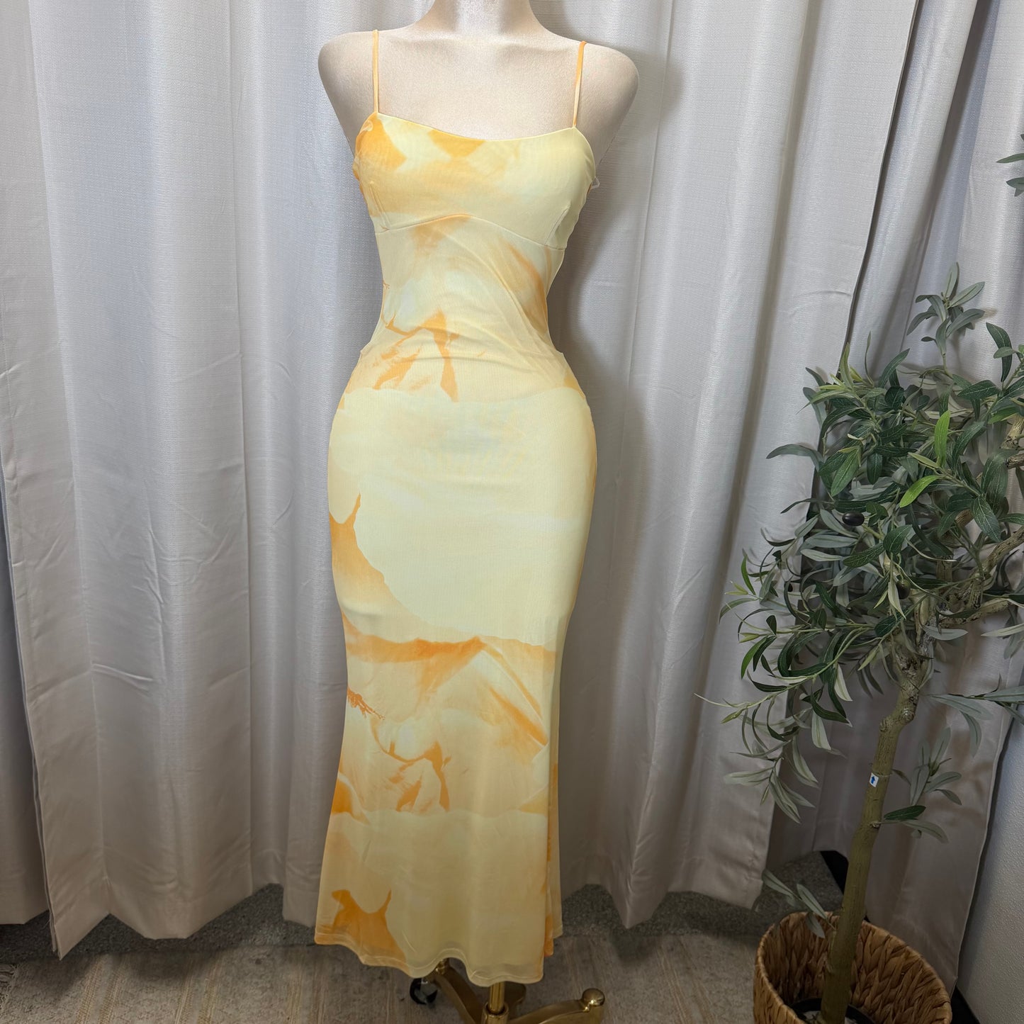 Mesh Spaghetti Mesh Dress-yellow