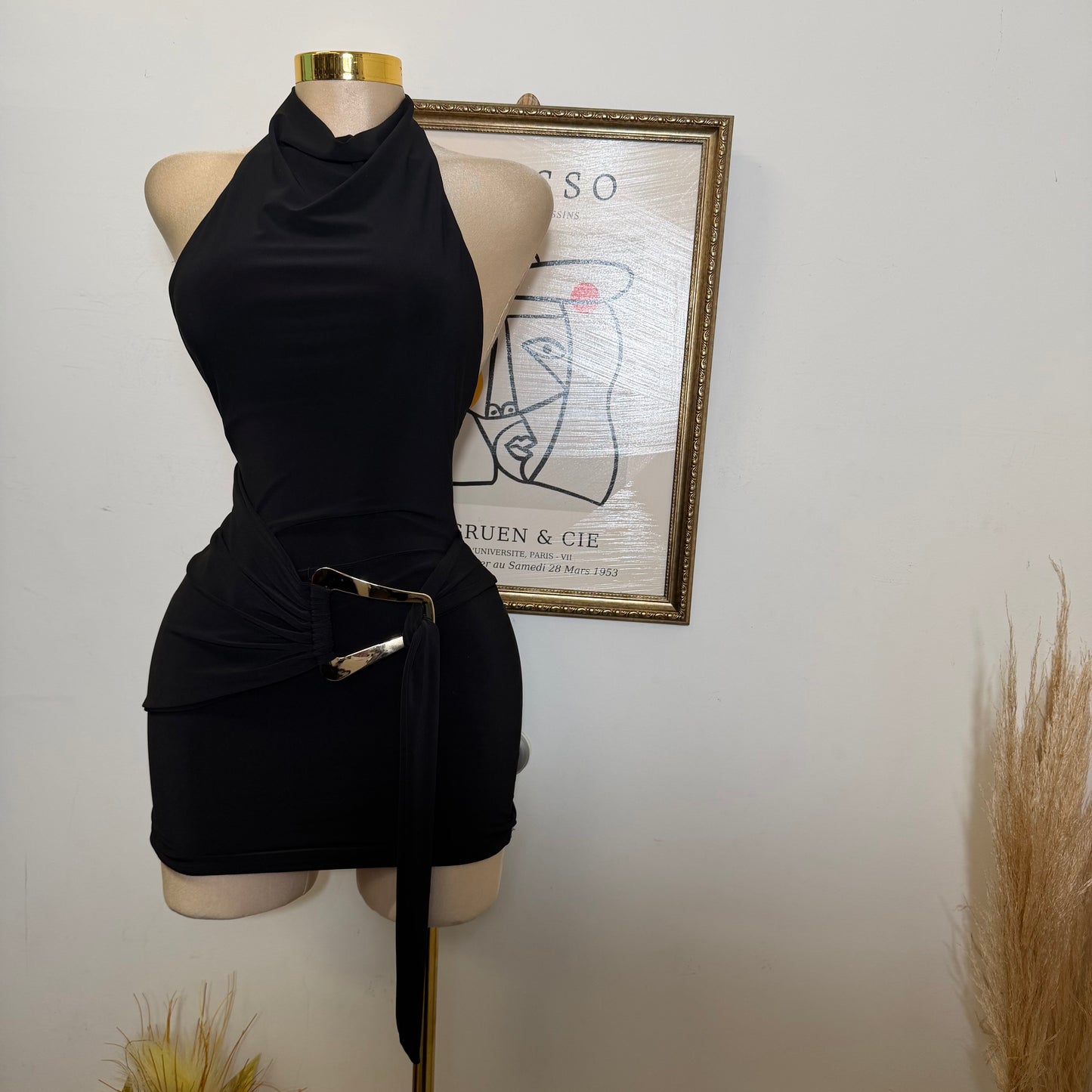 Halter Drape Trim Detail Mini Dress-Black