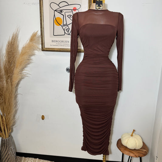 Round Neck Long Sleeve Ruching Midi Dress-Chocolate