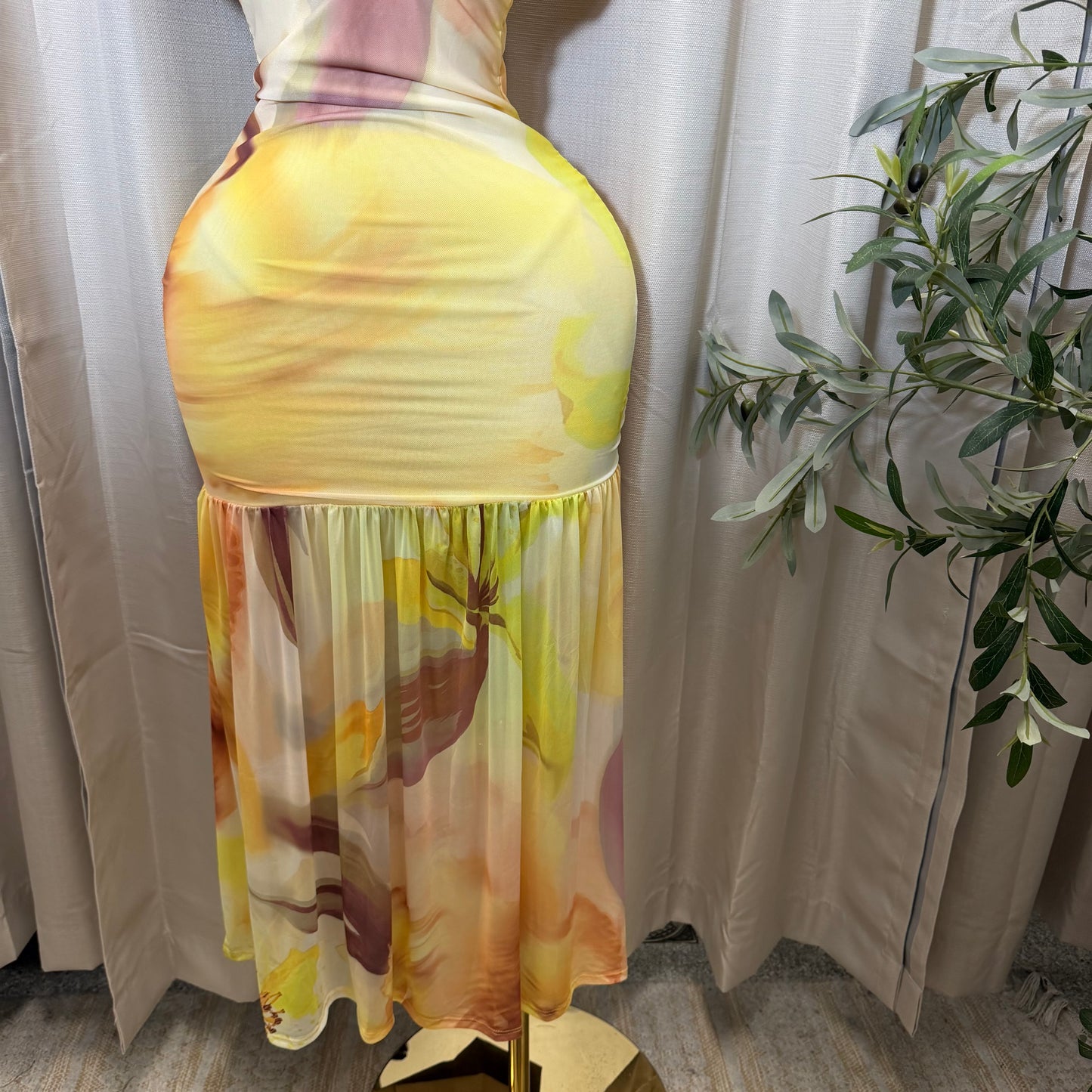 Mesh & Knit Mix Long Dress-Yellow Print