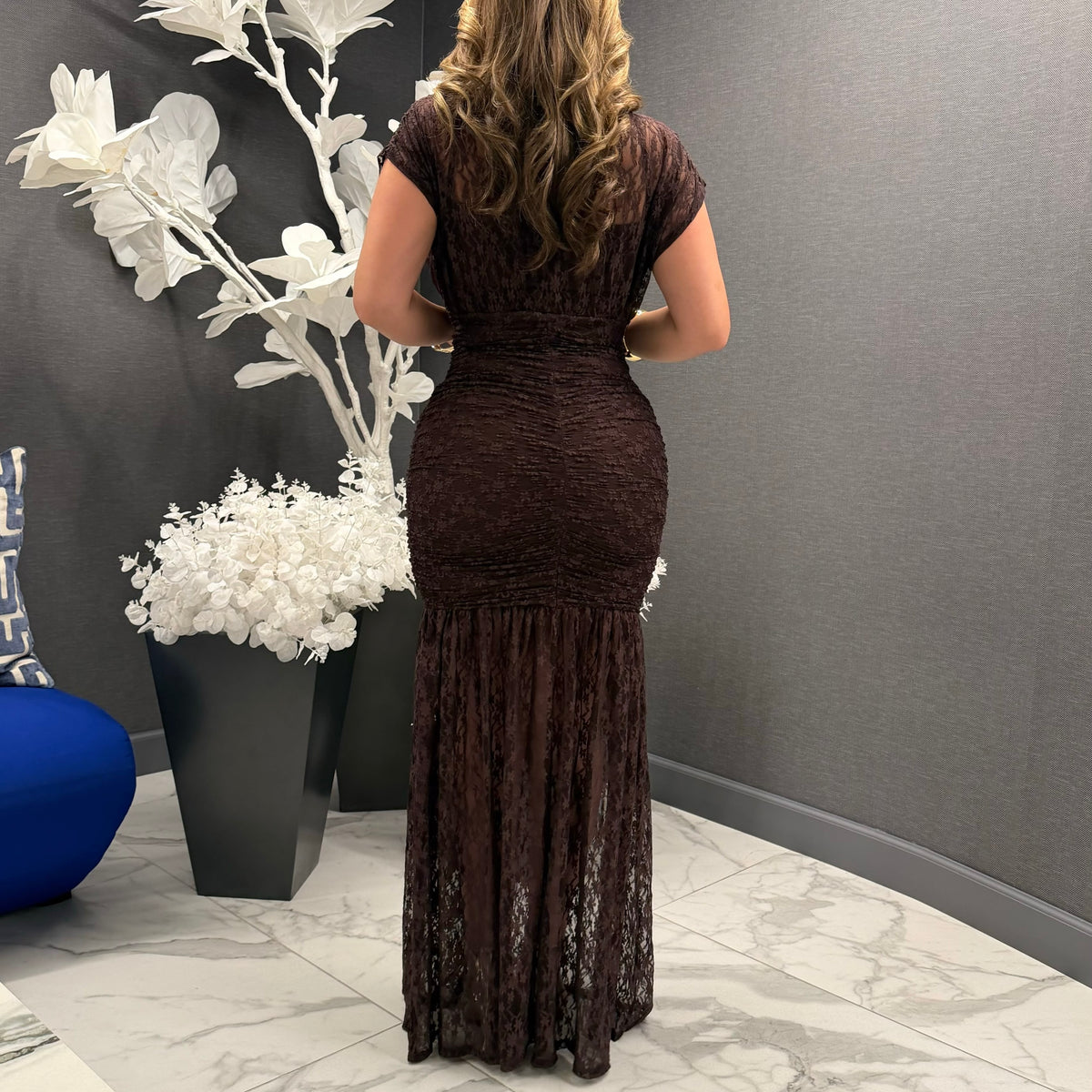 PL-Lace Maxi Short sleeve Dress-Brown