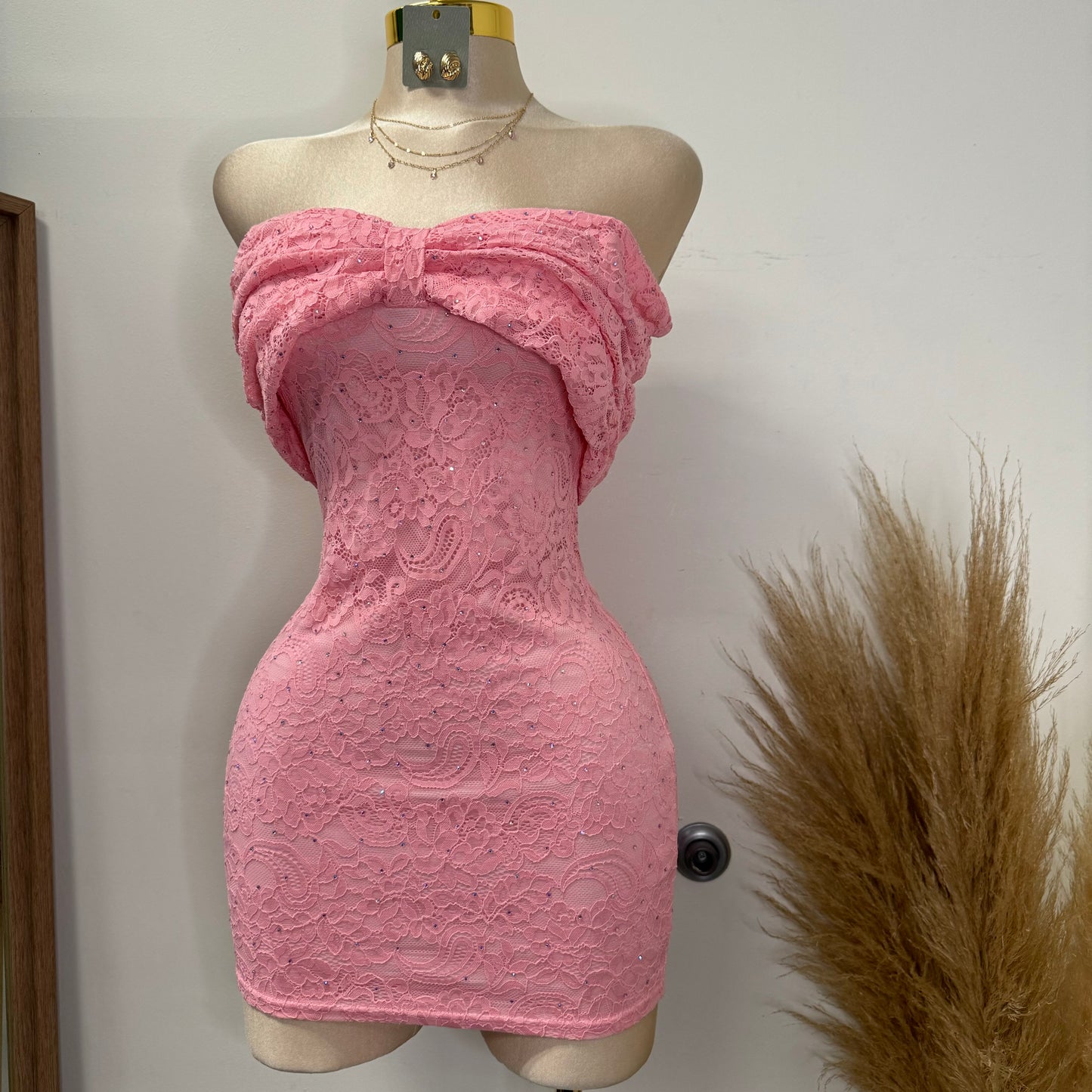 Bow Lace Rhinestone Dress-Pink